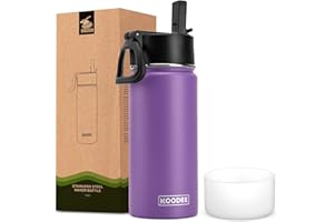 koodee Water Bottle With Straw-16 oz Stainless Steel Double Wall Vacuum Insulated Water Bottle for School -Wide Mouth Water Flask for Girls(Purple)