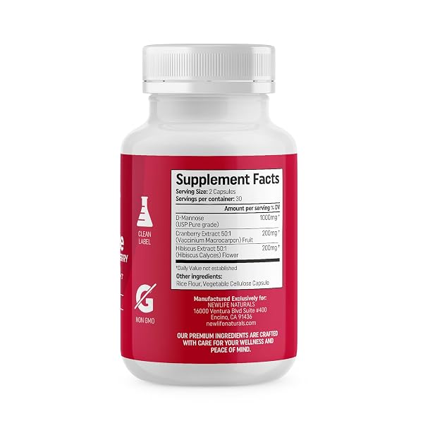 NEWLIFE NATURALS D-MANNOSE CAPSULES | W/CRANBERRY AND HIBISCUS EXTRACTS | NATURAL URINARY TRACT HEALTH SUPPLEMENT | 1400MG PURE VEGGIE POWDER | 60 VEGGIE CAPSULES
