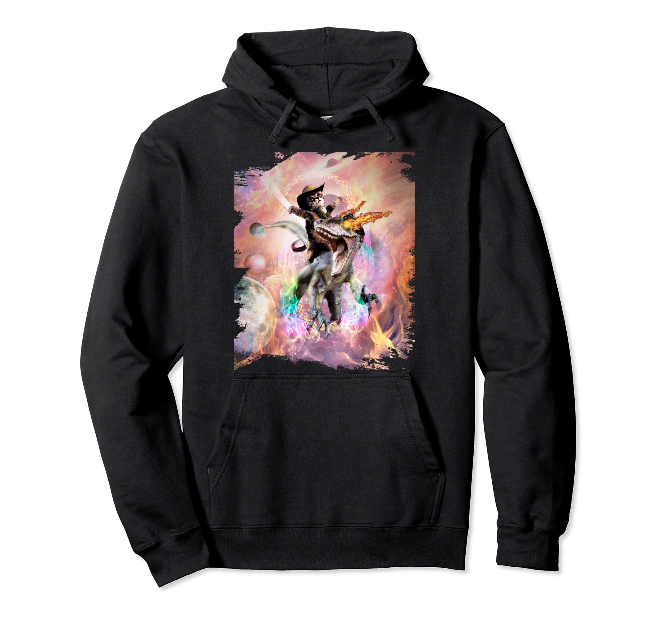 Evil Velociraptor Raptor Fire Dinosaur & Space Cat Pullover Hoodie