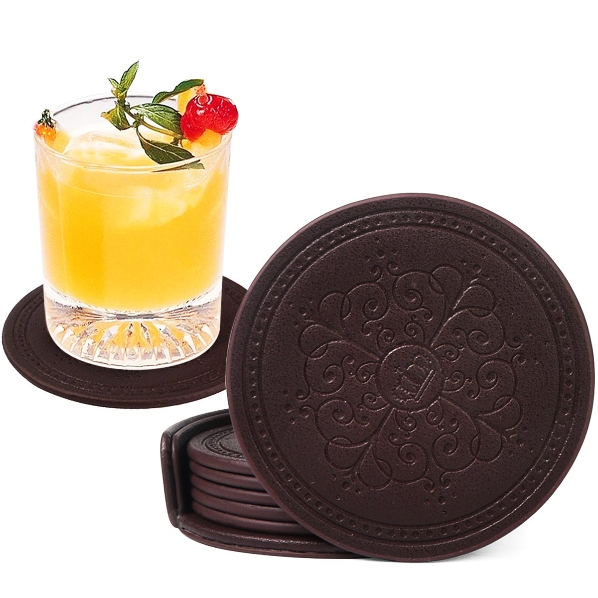 Coasters Set,Classic Pattern Faux Leather Coaster Set of 6 with Holder