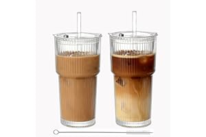 Glenkach Ribbed Glass Tumbler with Lid and Straws, Resuable Ice Coffee Cups, to Go Drinking Glasses for Water, Smoothie, Matc