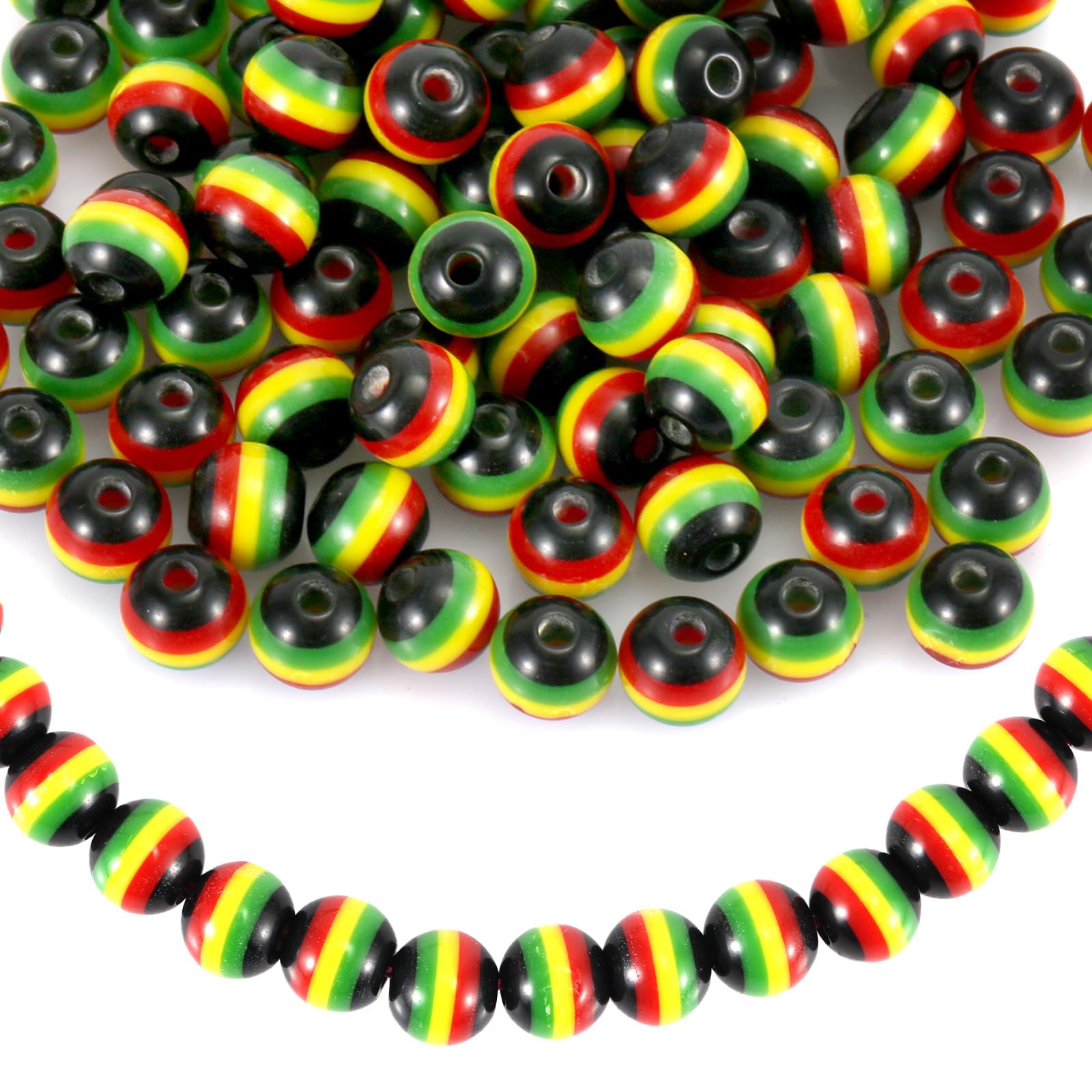 Jamaica 8mm Round Resin Beads with 4 Color Stripe Rasta African Pattern for Necklaces, Bracelets, Earrings and Jewelry Making