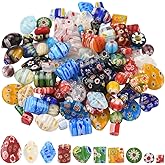 SUNNYCLUE 1 Box 110Pcs 10 Styles Millefiori Lampwork Beads Assorted Glass Bead Kit Flower Floral Pattern Heart Teardrop Cube Flat Round Shaped Loose Spacers for Jewelry Making Bracelet Adults