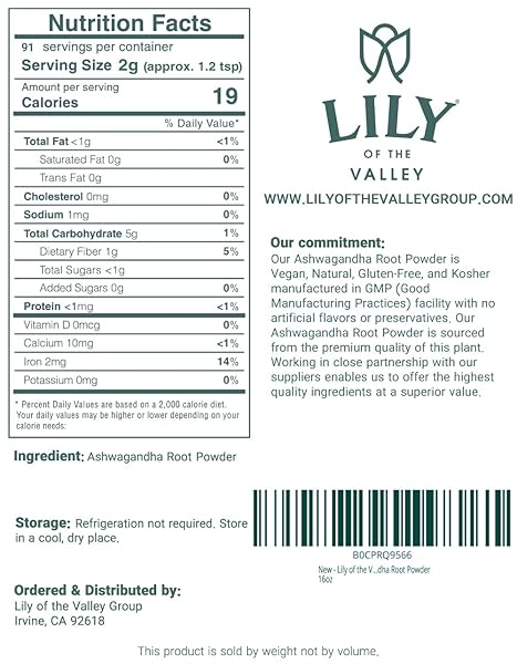 LILY OF THE VALLEY ASHWAGANDHA ROOT POWDER – WITHANIA SOMNIFERA – SOURCED FROM INDIA – NO FILLER NO ADDITIVES – INDIAN GINSENG VEGAN & GLUTEN FREE – PACKED IN RESEALABLE POUCH (16OZ, 453G)