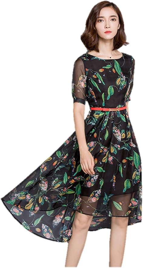 Amazon 春夏 レディース ワンピース プリントワンピース 花柄 ボタニカル柄 レトロ シフォンドレス チュールレース 透け感 二の腕カバー レイヤードシフォン エレガント フィッシュテール セレブ感 膝丈 ミモレ丈 ミセス 大人感 ベルト付き K8618 ワンピース