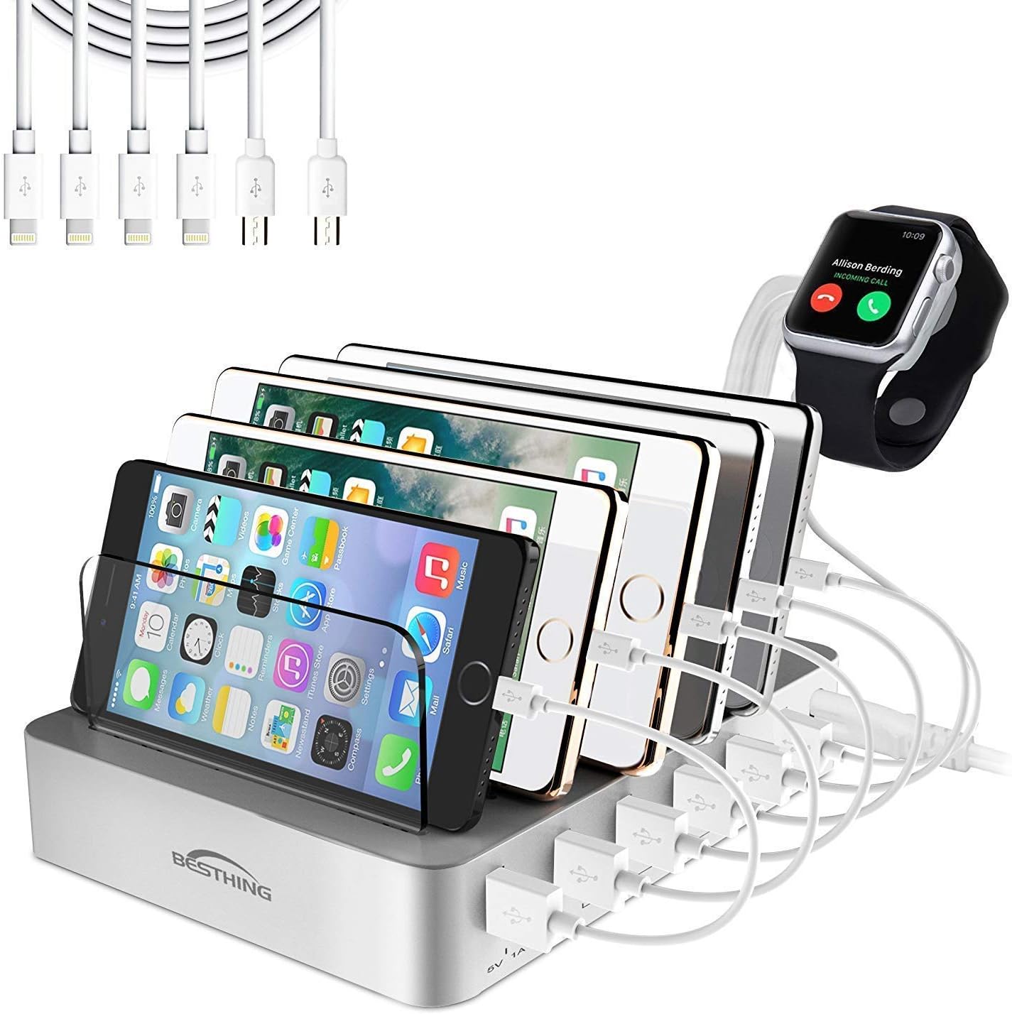 BESTHING Fast Charging Station, 6 Port USB Charging Station, Desktop Charging Stand Organizer, Phone Docking Station Removable Baffles Compatible for iPhone, iPad, Samsung, Tablet, Kindle (Silver)