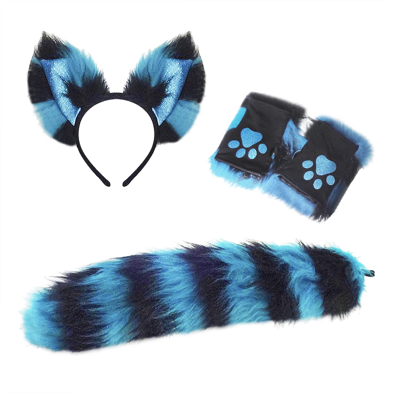 Photo 1 of Cat Wolf Fox Tail Faux Fur Ear Headband and Paw Gloves Set for Adult Children Halloween Christmas Fancy Party Costume Gifts Animal Cosplay Accessories (Blue-Black)