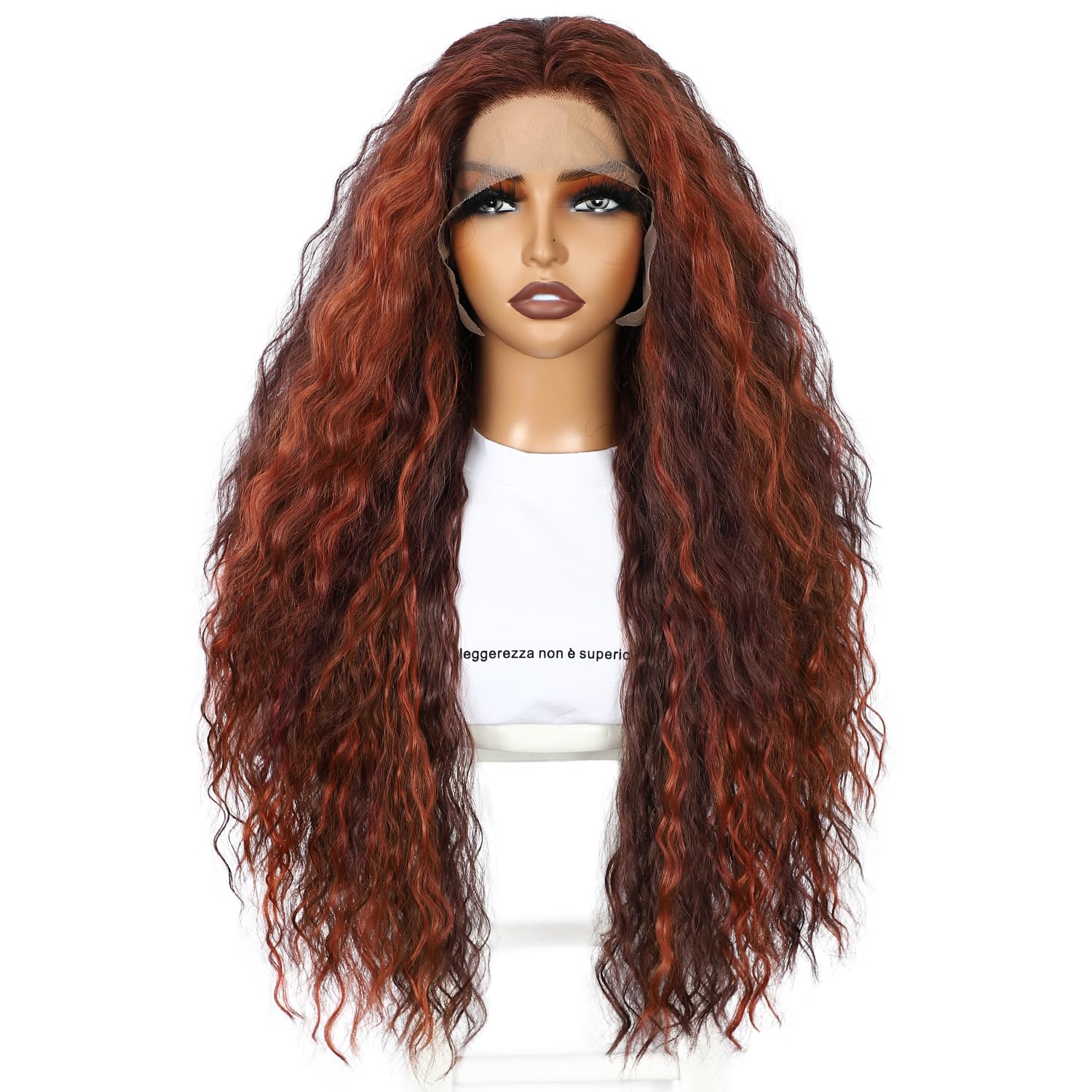 SOMIARIK Red Highlight Blonde Layered Curly Wigs, 13x3 Synthetic Lace Front Curly Wigs Pre plucked with Bleached Knots Heat Resistant Hair Party Daily 26 Inch — image 1