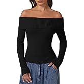 QINSEN Cotton Off The Shoulder Sweater for Women Long Sleeve Ribbed Knit Pullover Sweater Slim Fit Going Out Tops