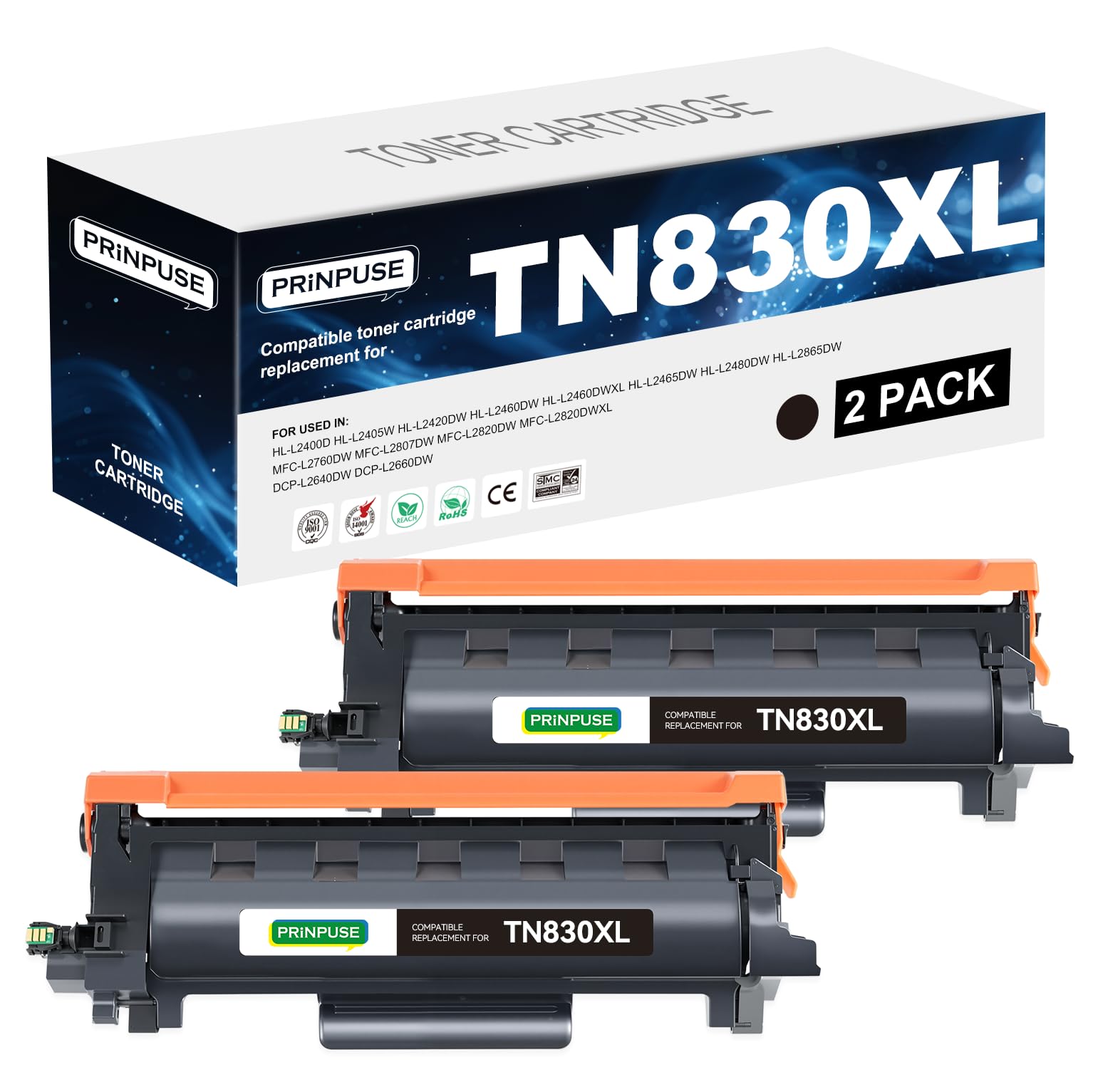 Photo 1 of PRINPUSE 830XL Toner Cartridge High Yield Compatible Replacements for Brother Toner TN830 TN830XL Work with Brother Printer HL-L2460DW DCP-L2640DW HL-L2480DW HL-L2405W MFC-L2820DW MFC-L2900DW, 2 Black