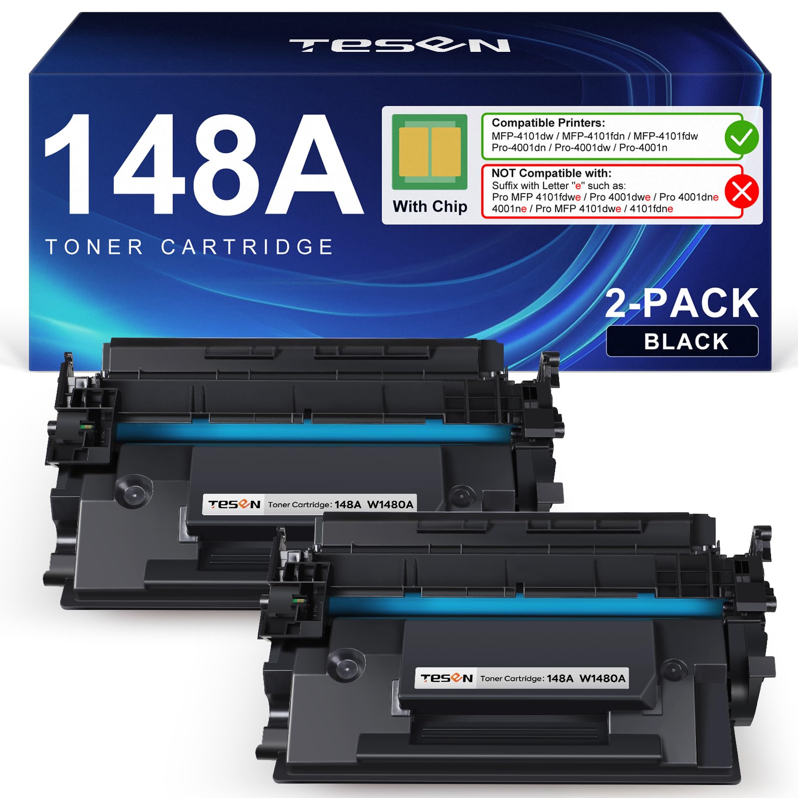 Photo 1 of 148A Black Toner Cartridge 4001n 4101fdw (with Chip) Compatible Replacement for HP 148A 148X W1480A W1480X for HP Pro 4001dw 4001dn 4001n MFP 4101fdw 4101fdn Printer, 2 Pack