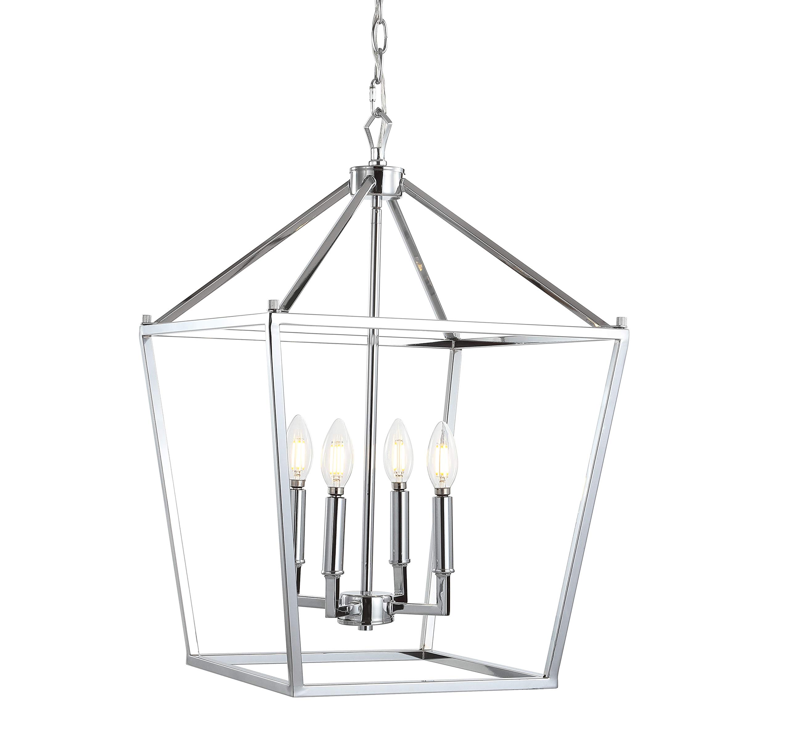 JONATHAN Y 16″ Chrome Lantern Pendant Light, 1-Light Pagoda Style Metal Cage Farmhouse Hanging Ceiling Fixture for Kitchen Island, LED Bulb Included (JYL7437C)