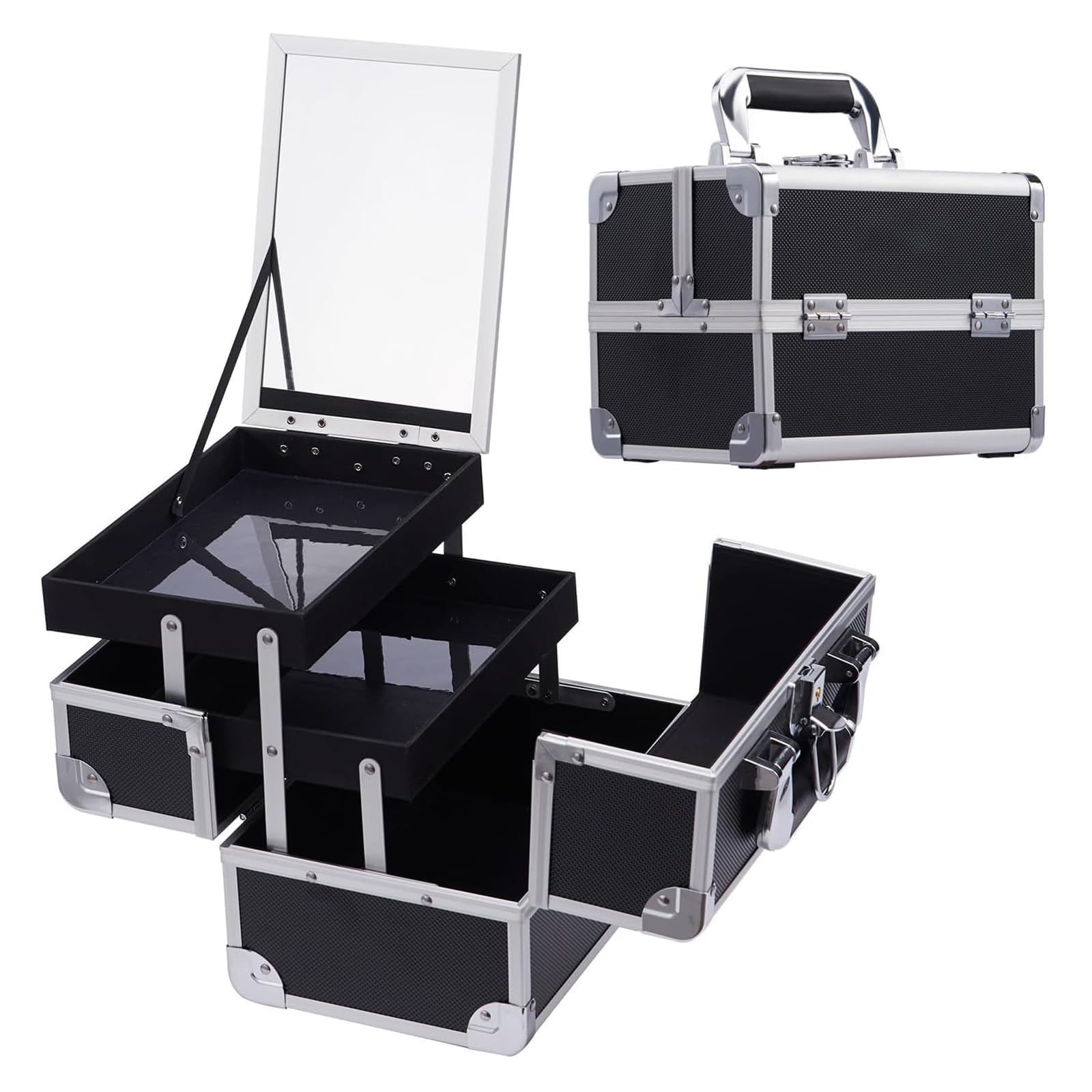 Frenessa Cosmetic Case Makeup Organiser Box Beauty Storage Make Up Case Vanity Box with Mirror Lockable with Keys, Black