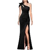 VFSHOW Womens 3D Flower One Shoulder Ruched Prom Formal Wedding Guest Maxi Dress 2023 Sexy Cocktail Split Cutout Evening Gown