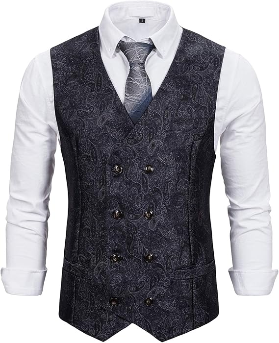 XXIE Men's Paisley Floral Jacquard Waistcoat Double Breasted Casual