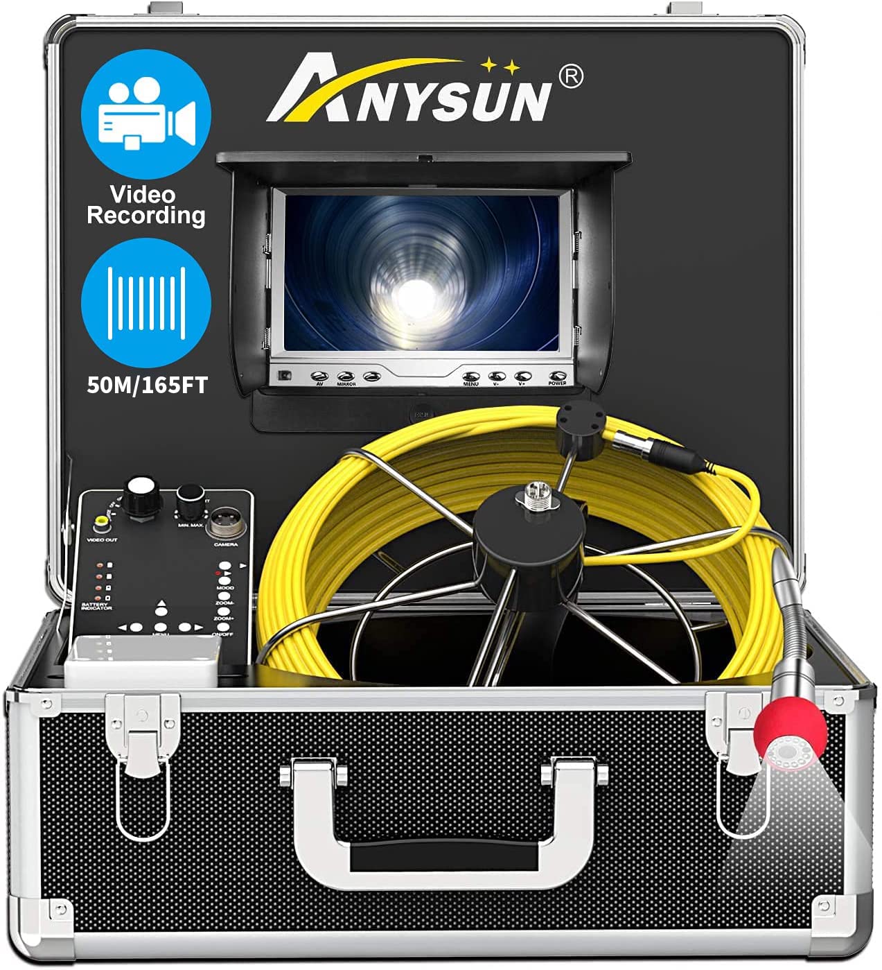 Cámara de inspección de tuberías de 165 pies, Anysun drenaje alcantarillado endoscopio industrial 12 piezas LED impermeable IP68 sistema de vídeo serpiente con monitor LCD de 7 pulgadas cámara 1000TVL con grabación DVR (incluye tarjeta SD 8G)