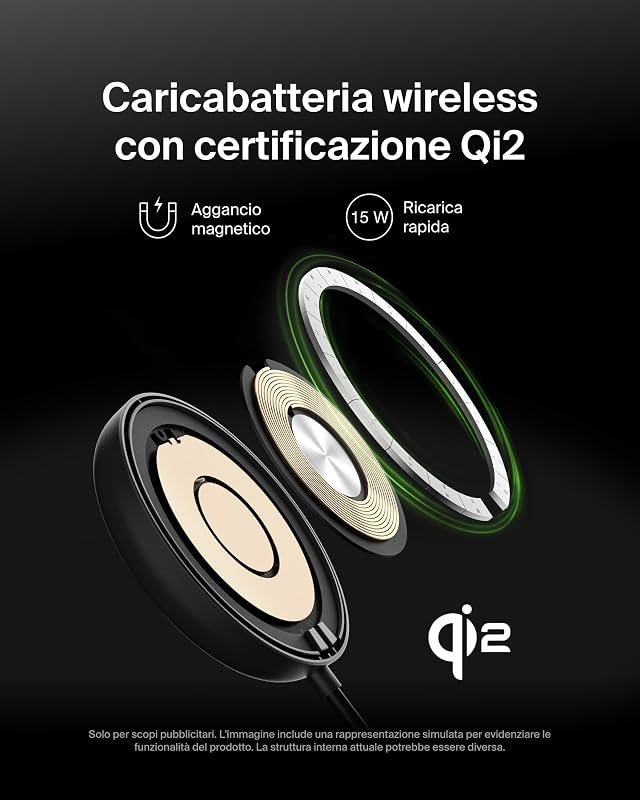 Tappetino di ricarica wireless magnetica 15 W con supporto, caricatore wireless Qi2 compatibile con MagSafe per iPhone 16 Series, Samsung Galaxy S25 Series, AirPods (con alimentatore), nero