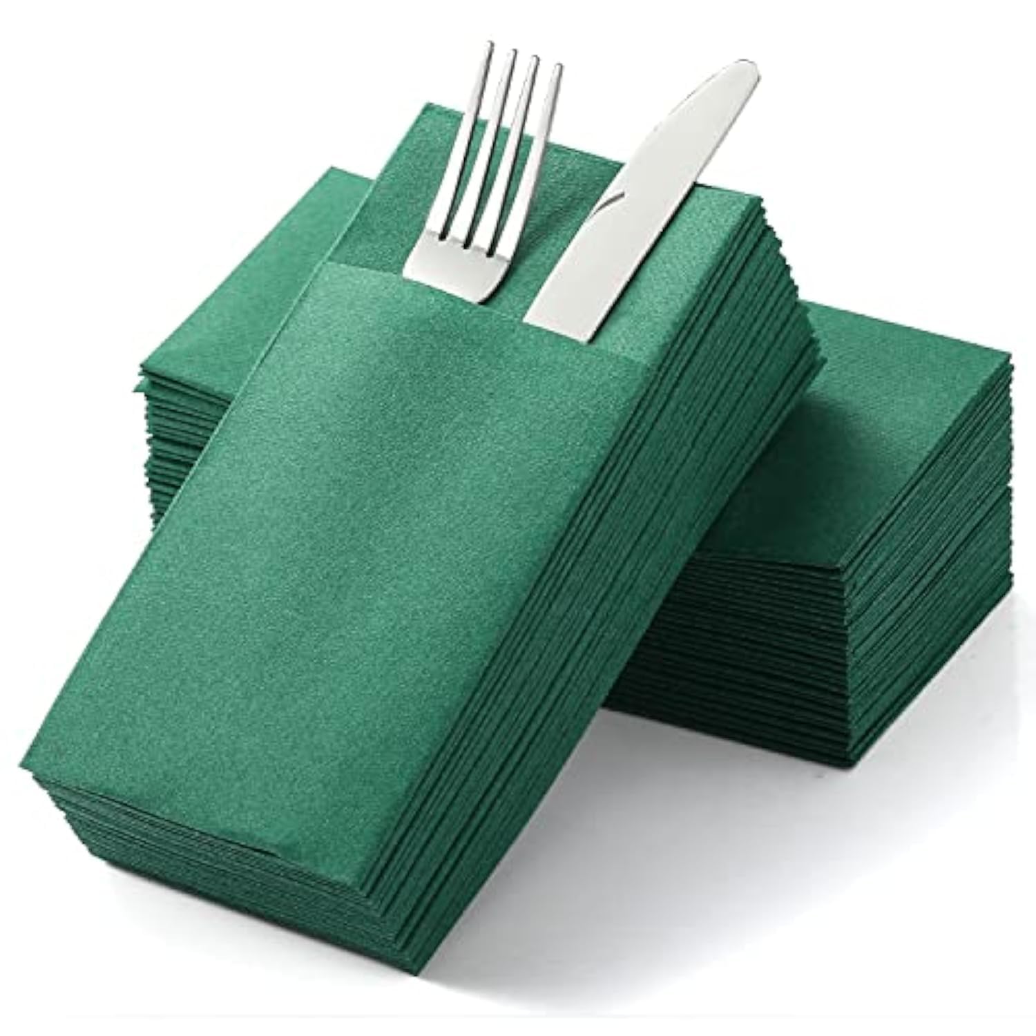 MORGIANA 50 PCS Pocket Napkins Green Linen Feel White Napkins with Buit-in Flatware Pocket, 40 * 40 cm 1/6 Folded Disposable Guest Towels Serviettes for Chirstmas, Wedding, Party