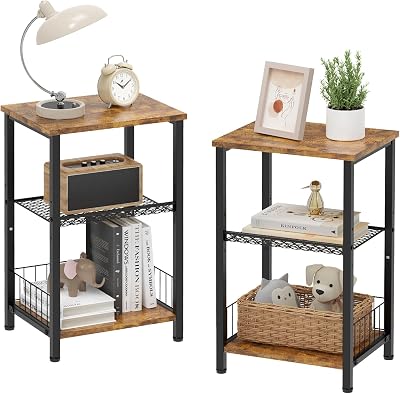 iDavosic.ly 3-Tier Side Table Set of 2 Industrial Nightstands Rustic Brown