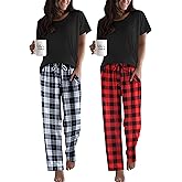Ekouaer 2 Pack Pajamas for Women Set Short Sleeve Sleepwear Top and Pants Pjs Soft Printed Lounge Sets with Pockets