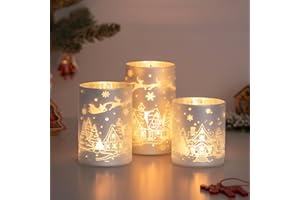 Hewory Christmas Candle Holders Centerpiece: Silver Snow House Deer Christmas Decorations Hurricane Glass Pillar Candle Holders Set of 3 Decorative Candle Stands for Mantle Fireplace Dining Room