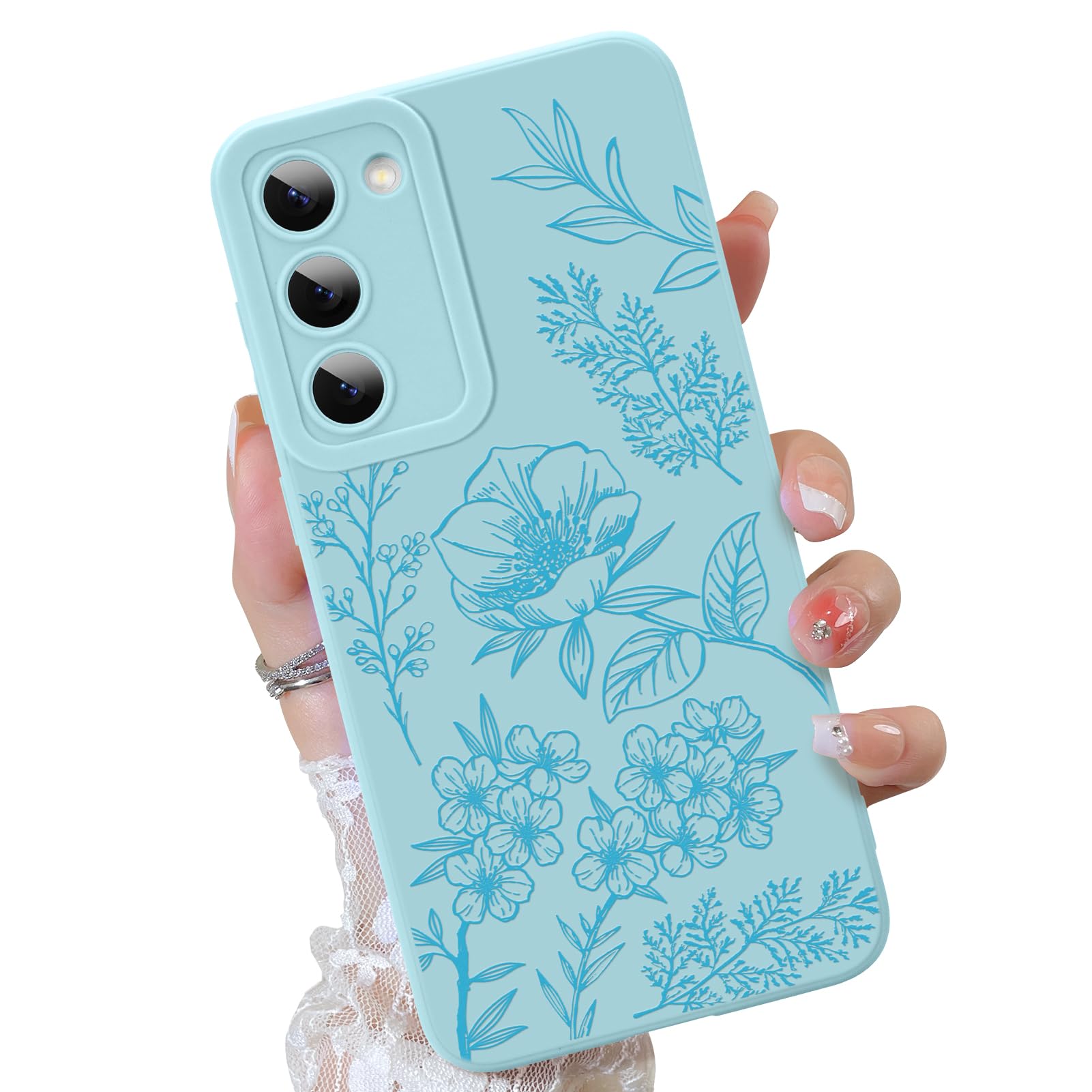 OOK Galaxy S23 Case Cute Flower Floral Design for Girls Women Soft TPU Camera Lens Protective Phone Cover Designed for Samsung Galaxy S23 Blue