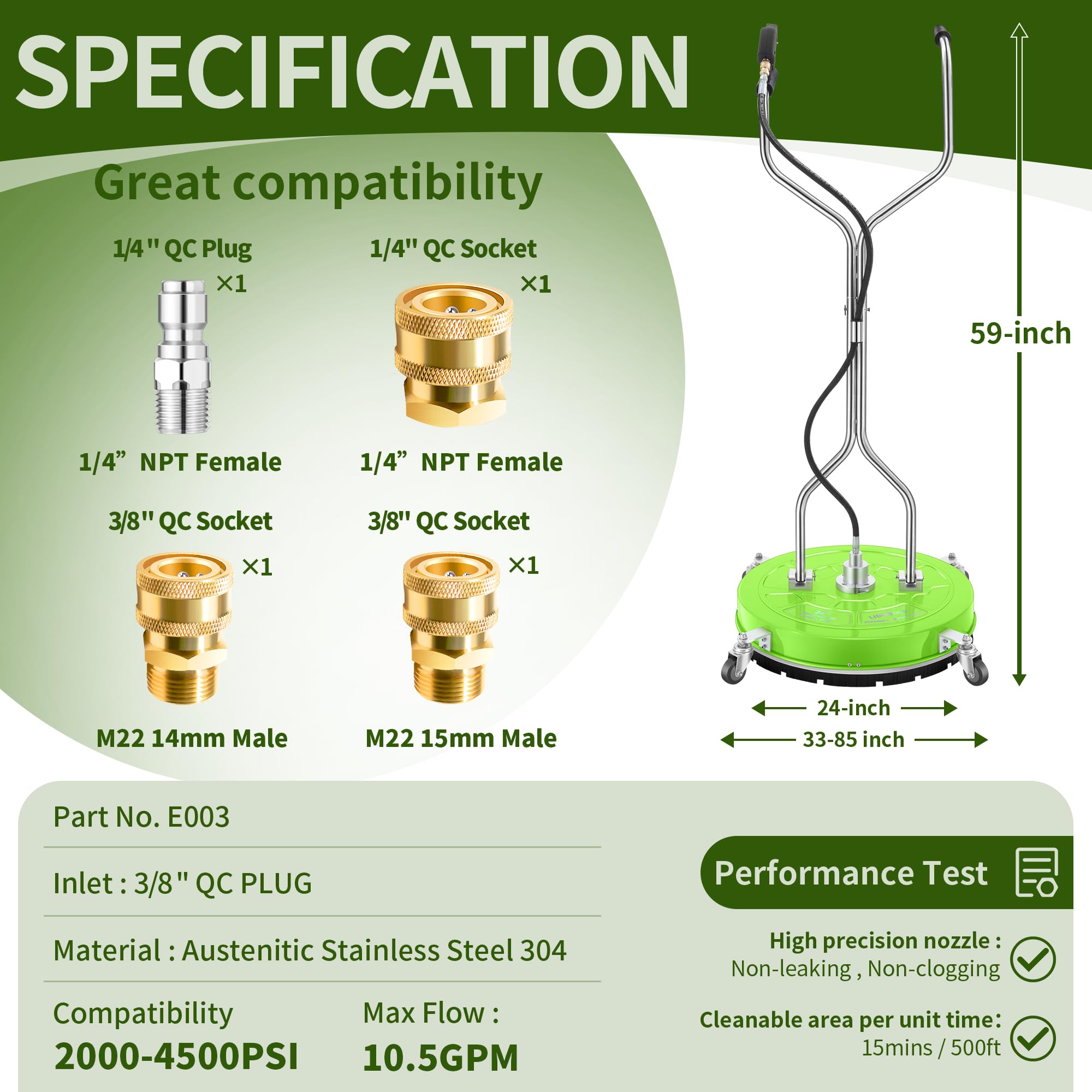 24“ Pressure Washer Surface Cleaner with 4 Wheels - Coated Green Dual Handle Stainless Steel Surface Cleaner for Pressure Washer Attachment for Concrete, Patio, Sidewalk, Deck and Driveways - PWS24G