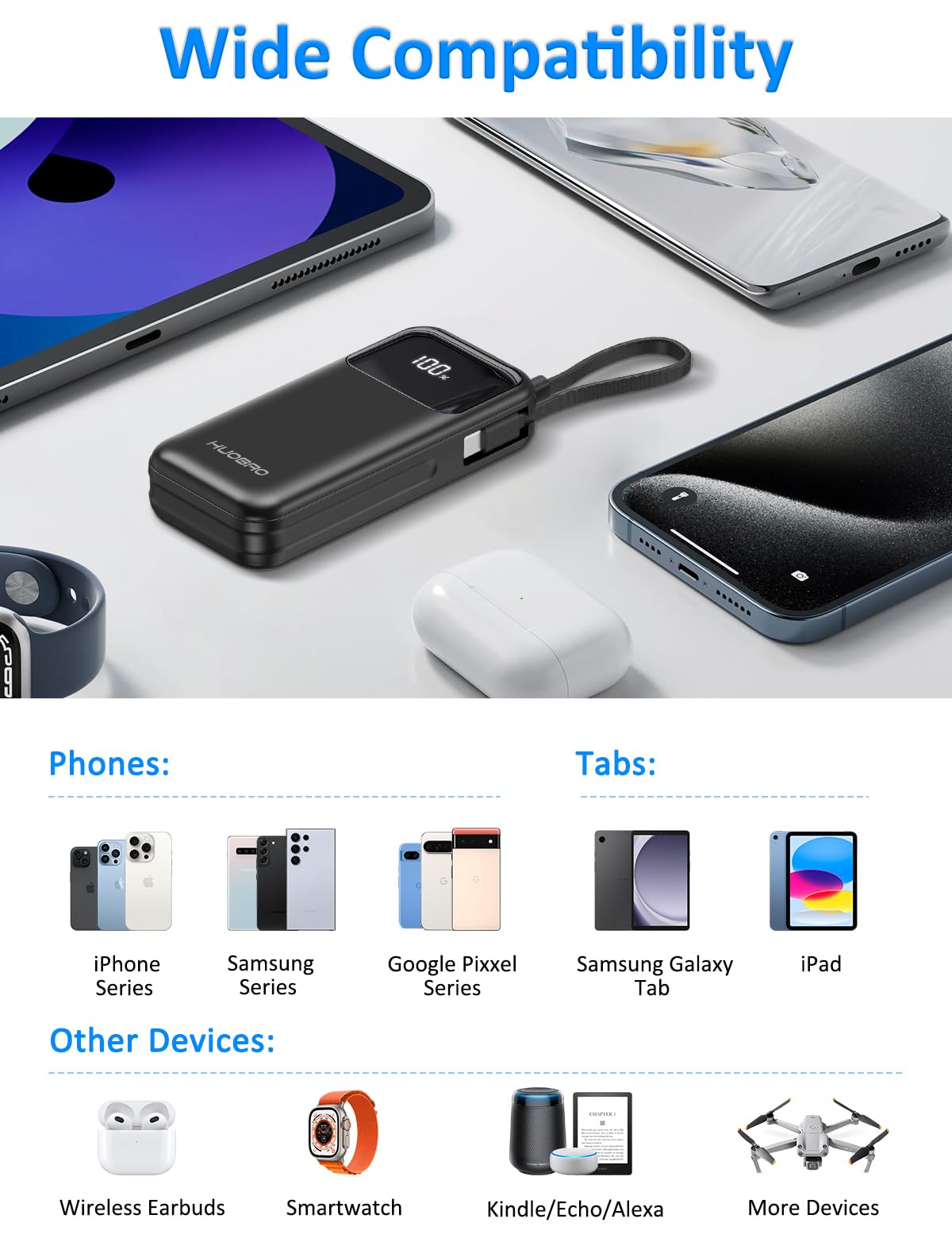 HUOBAO Power Bank 35W,10000mAh Powerbank eingebautem USB-C Kabel,Schnelles Laden mit 1 x USB-C, 1 x USB-A,Klein Externer Handyakku für iPhone 16/15/14/13/12/11/XS,Samsung/Android, iPad etc(Schwarz) 7