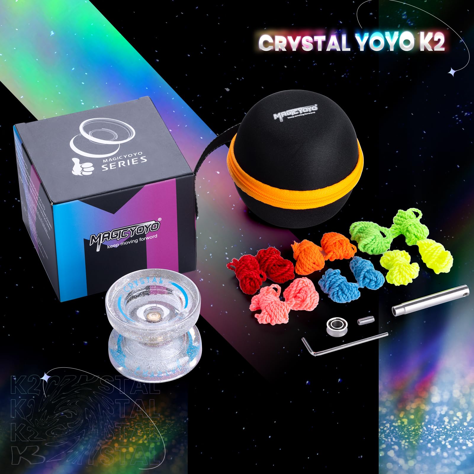 MAGICYOYO K2 Crystal Yoyo Silver Glitter Clear, Pro Responsive Yo-yo for Kids, Finger Spin Trick Yo Yo for Beginner, Dual Purpose Yo-yo with Extra Unresponsive Bearing + 12 Yoyo Strings + Case Bag