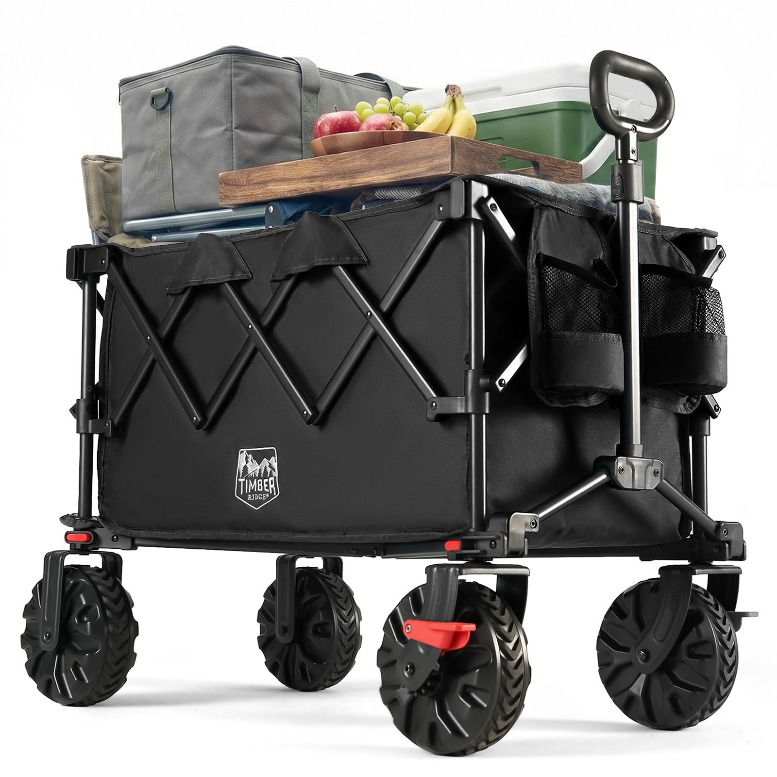 TIMBER RIDGE XXL Bollerwagen Faltbar 250L Breite Reifen mit Bremsen Strandwagen Klappbar 150KG Belastbar mit Getränkehalter All Terrain Transportwagen für Camping Einkaufen Garten