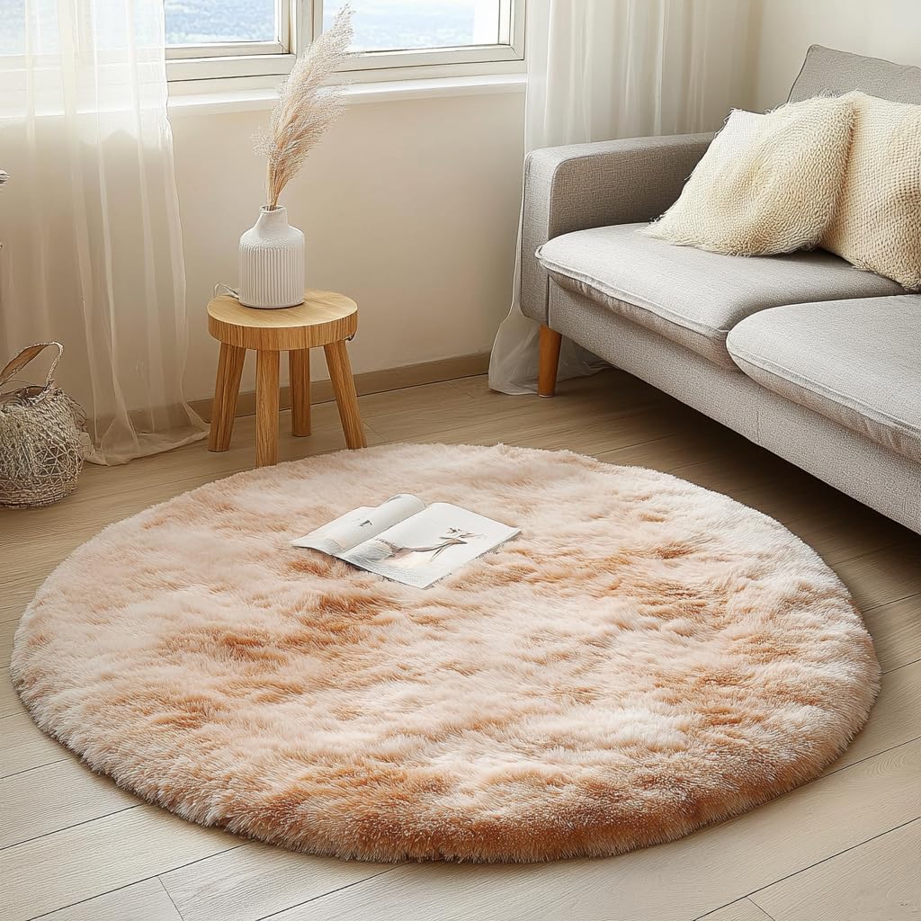 Tenekee Round Rugs for Bedrooms Fluffy Living Room Circle Area Rug Soft Shaggy Carpet for Kids Room Floor Mat(Khahi white, 80cm)