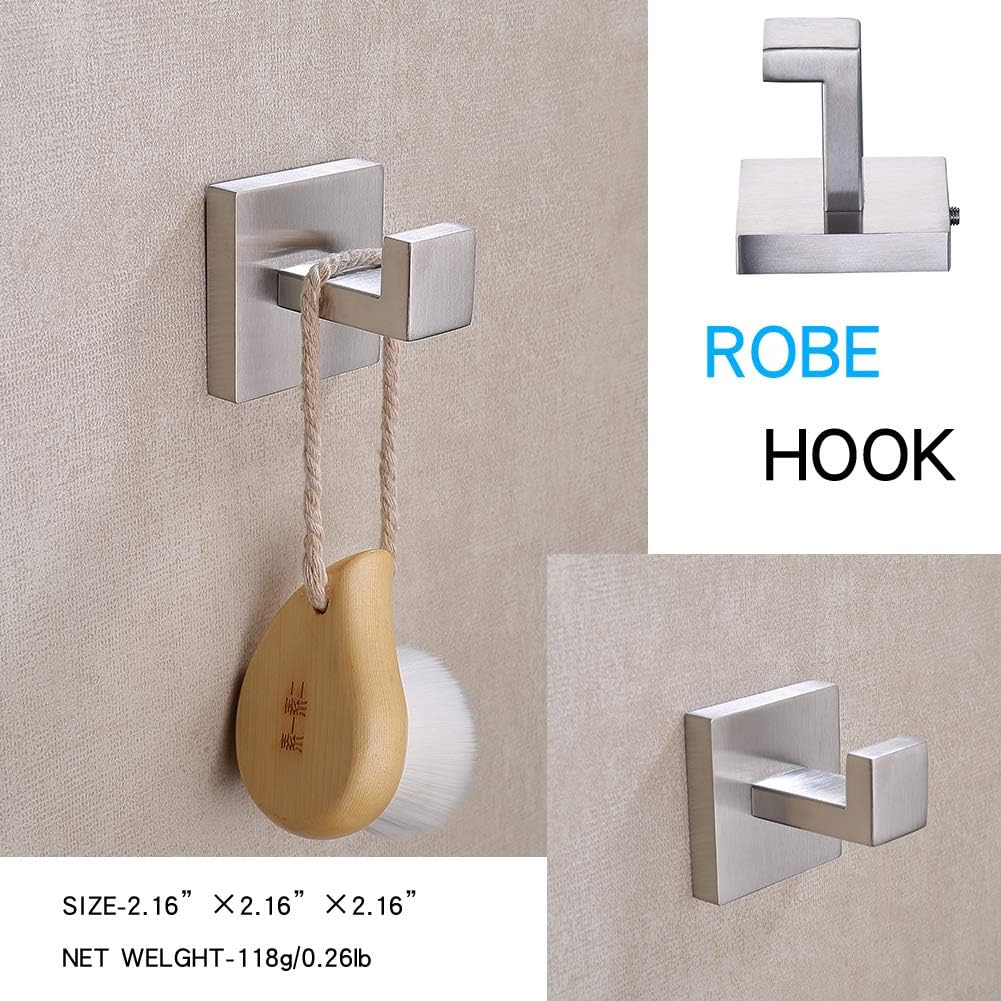 TASTOS Bath Towel Hooks Brushed Nickel, 2 Pack Stainless Steel Robe Coat and Clothes Hook, Heavy Duty Wall Hook for Bathroom & Kitchen, Modern Square Style Wall Mounted (Silver) - - 