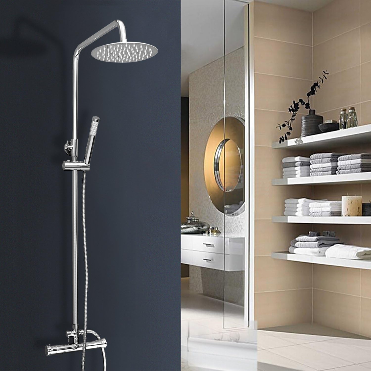 Vesuvio | Elegant Thermostatic Bar Stainless Steel Shower Mixer System Set - 8" Slim Round Top Shower Head and Handheld Shower - Chrome Finish Brass Body Thermostatic Valve Tap