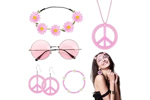 YYBD 6Pcs Hippie Costume Accessories Set Boho Peace Sign Necklace Love and Peace Earrings Daisy Flower Crown Headband Hippie