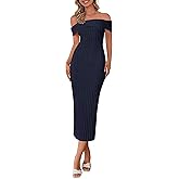 PRETTYGARDEN Summer Dresses for Women Formal Off The Shoulder Midi Bodycon Ribbed Knit Spring Wedding Guest Dress