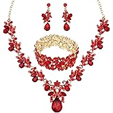 Enrwin Wedding Leaf Flower Crystal Teardrop Pendant Necklace Dangle Earrings Stretch Bracelet Jewelry Set for Women Bridal Party Prom