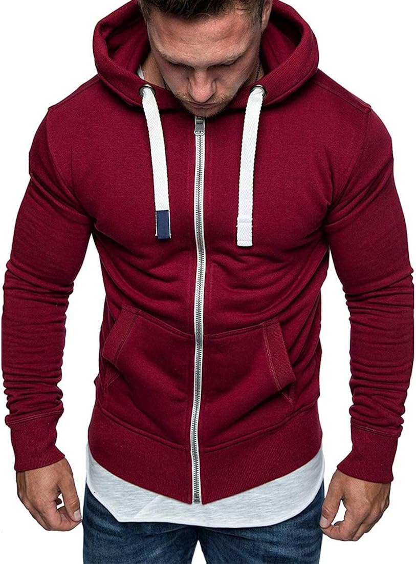 Hoodie Men Hooded Sweater Long Sleeve Slim Fit Solid Color with Zip ...