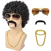 TUOFLY Afro Wig Men 70s Disco Costume Wig With Glasses Necklace Mustache and Wig Cap Natural Fluffy Short Black Curly Synthetic hair Wig for Halloween Chrismas Cosplay Party