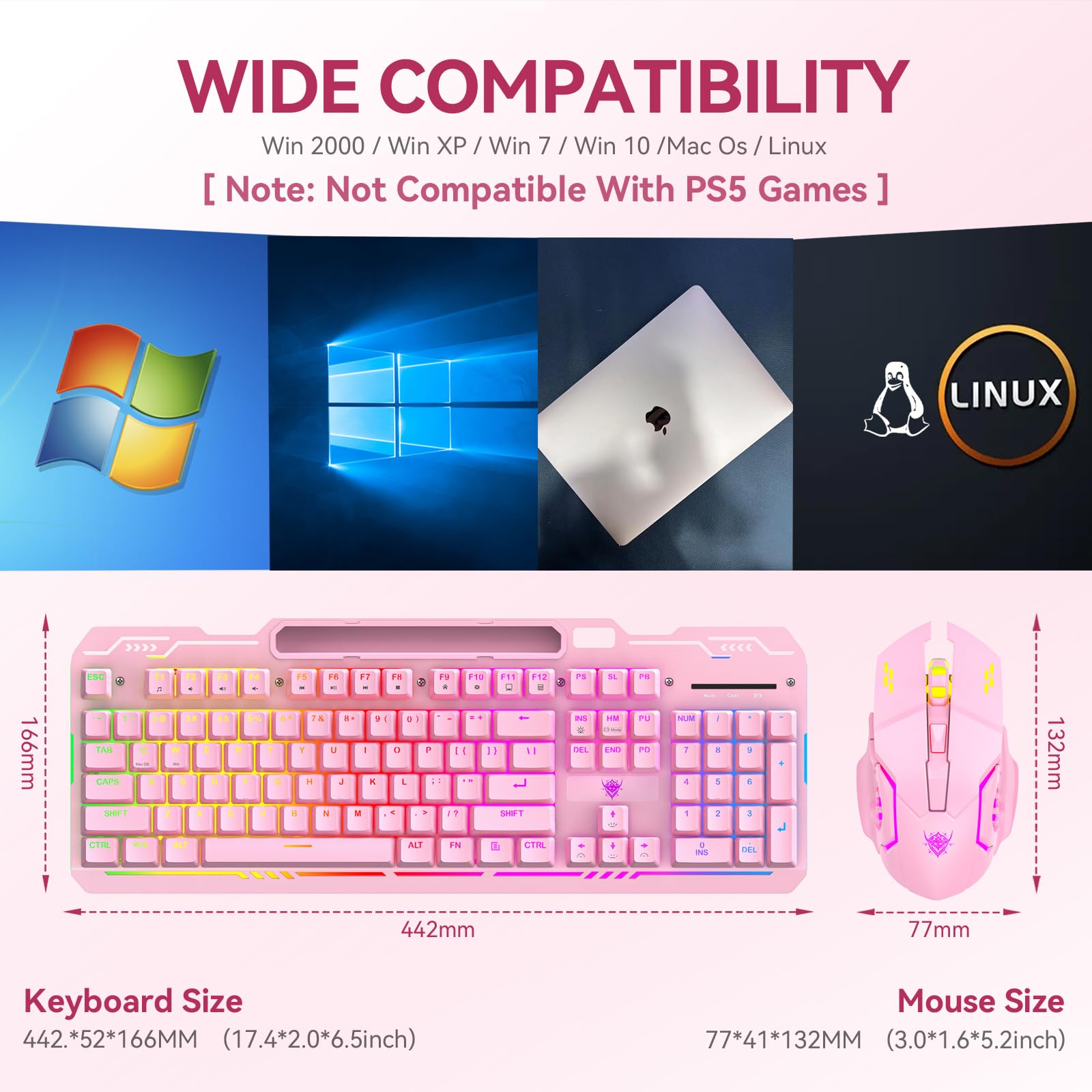 XISOGUU Wireless Gaming Keyboard and Mouse Combo, RGB Backlit Rechargeable 2000 mAh Battery, Mechanical Feel Anti-ghosting Keyboard + 6D 4800DPI Mice for PC Gamer
