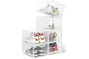 EOENVIVS Shoe Storage Boxes Fit Size 13, 6 Pack Clear Plastic Shoe Organizer with Stackable Design and Magnetic Door, Space Saving Shoe Rack Containers for Boots and Sneakers, White