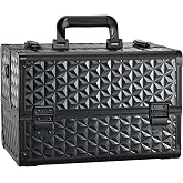 Joligrace Makeup Train Case Professional Cosmetic Organizer Aluminum Storage Box with 4 Adjustable Dividers Trays Lockable Portable with Shoulder Strap