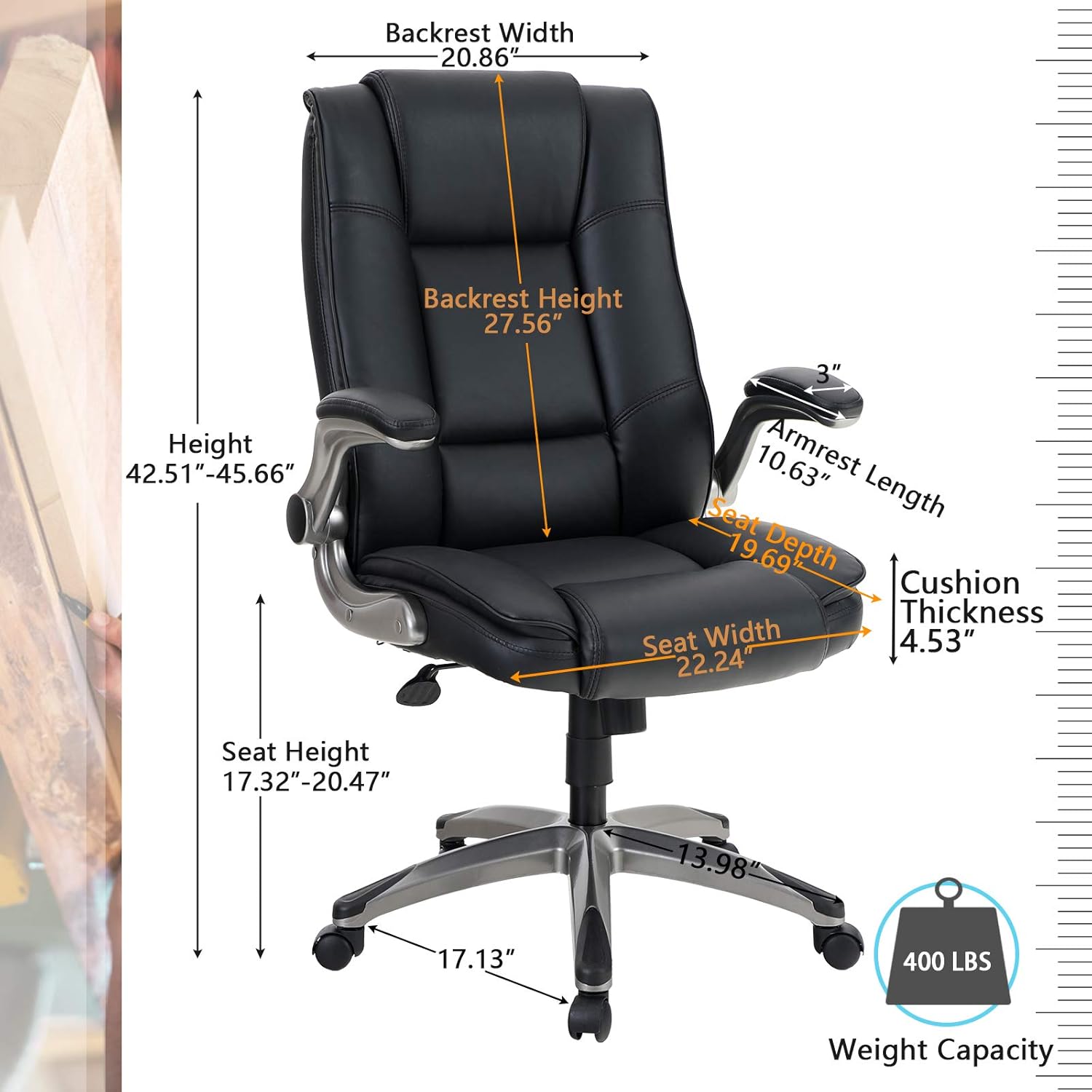 ALPHA HOME High Back Executive Chair Ergonomic Office Chair Managerial Computer Desk Chair Flip Up Armrest Big Tall Adjustable Height PU Leather Task Chair Rolling Swivel Chair-Capacity 400LBS: Kitchen & Dining