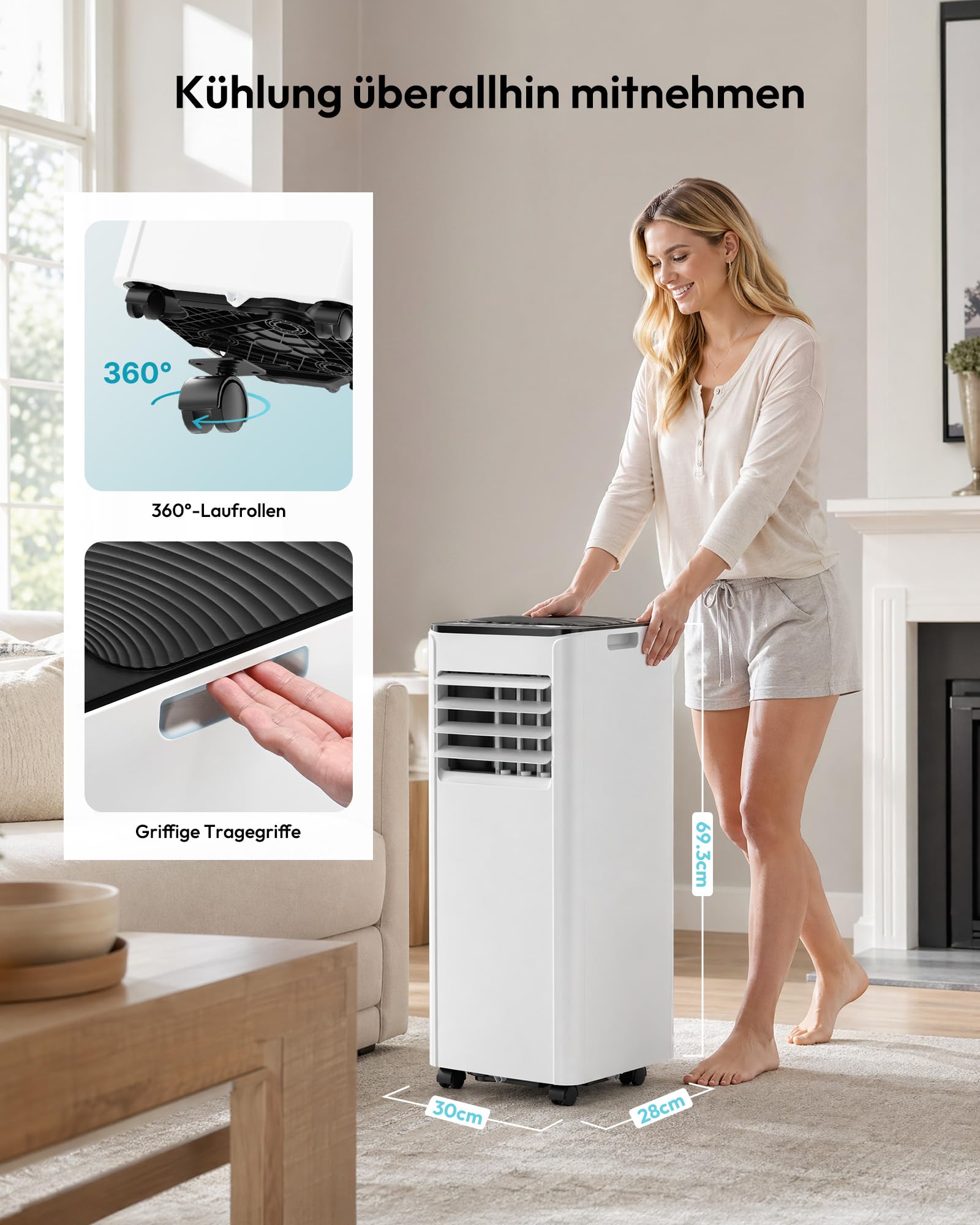 Mobile Klimaanlage 9000 BTU mit Abluftschlauch | 4-in-1 Mobiles Klimagerät | Leiser Betrieb | Digitaldisplay + Fernbedienung | Fenster-Installationsset | 24h-Timer | Für Räume bis 25 m² 9