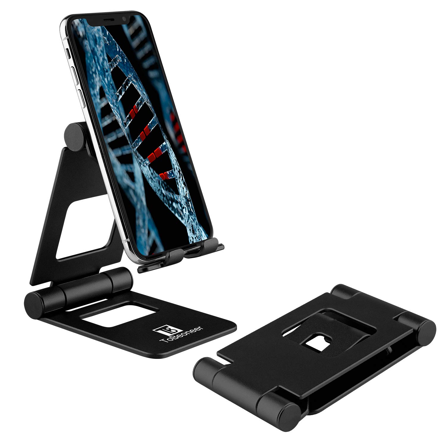 Tobeoneer Adjustable Phone Stand, Cell Phone Holder - Universal Aluminum Tablet Stand for iPhone 14 13 12 pro 11 XS Max Xr 8 7 6 Plus 6s iPad Kindle Switch all Smartphones (Black)