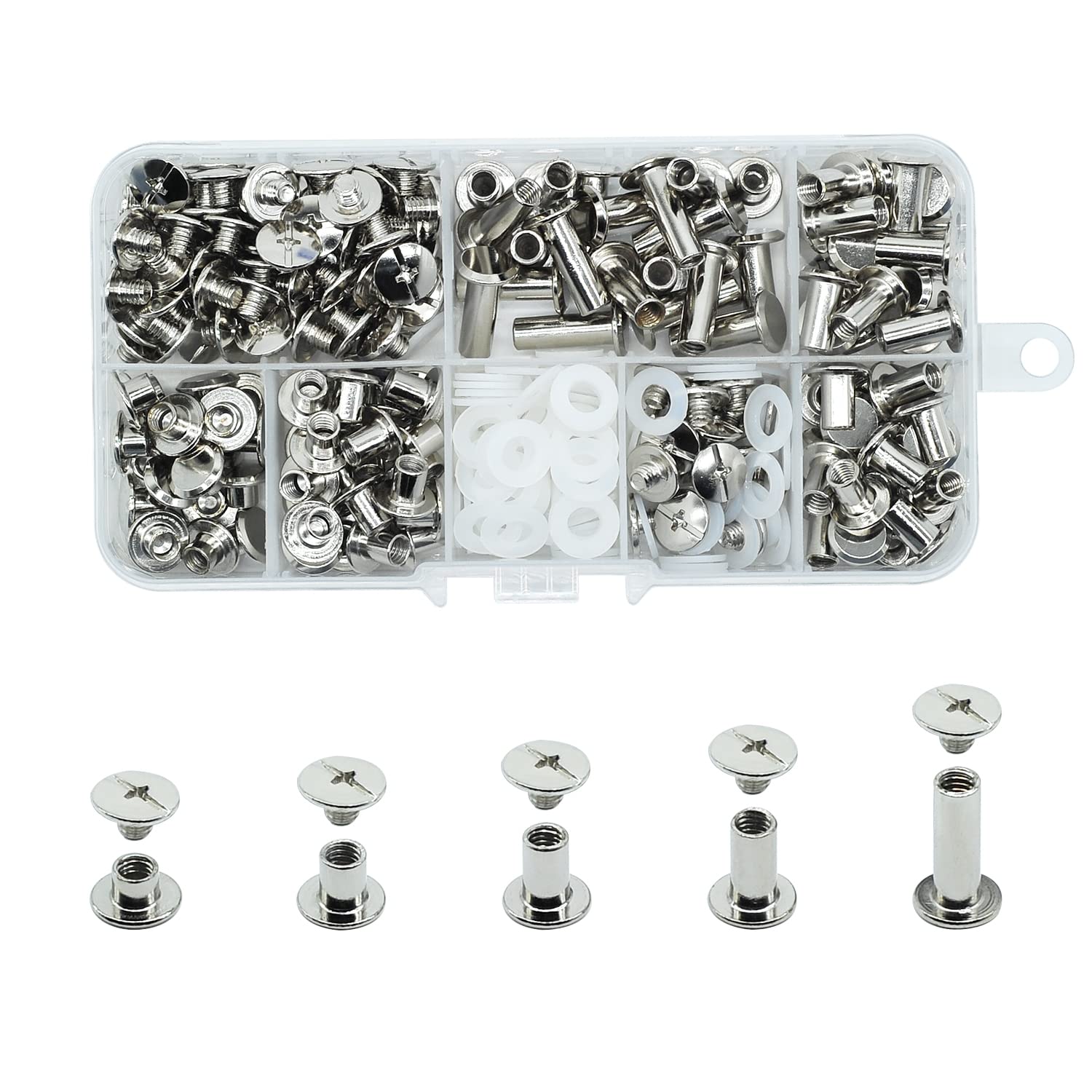 JINTANG 100 Sets Chicago Screws M5*4/6/8/10/15mm Chicago Book Binding Screws Rivets for Leather Metal Rivet Replacement Repair for DIY Book Scrapbook Bookbinding, Bags,Collars(Silvery)