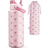 POWCAN 40 oz Insulated Water Bottle with 2-in-1 Straw and Spout Lid, Keep Cold 24H, Leak-Proof, BPA-Free, Double Wall Stainless Steel Water Bottle for Sports, Home, Travel, Gift, School (Bow Crush)