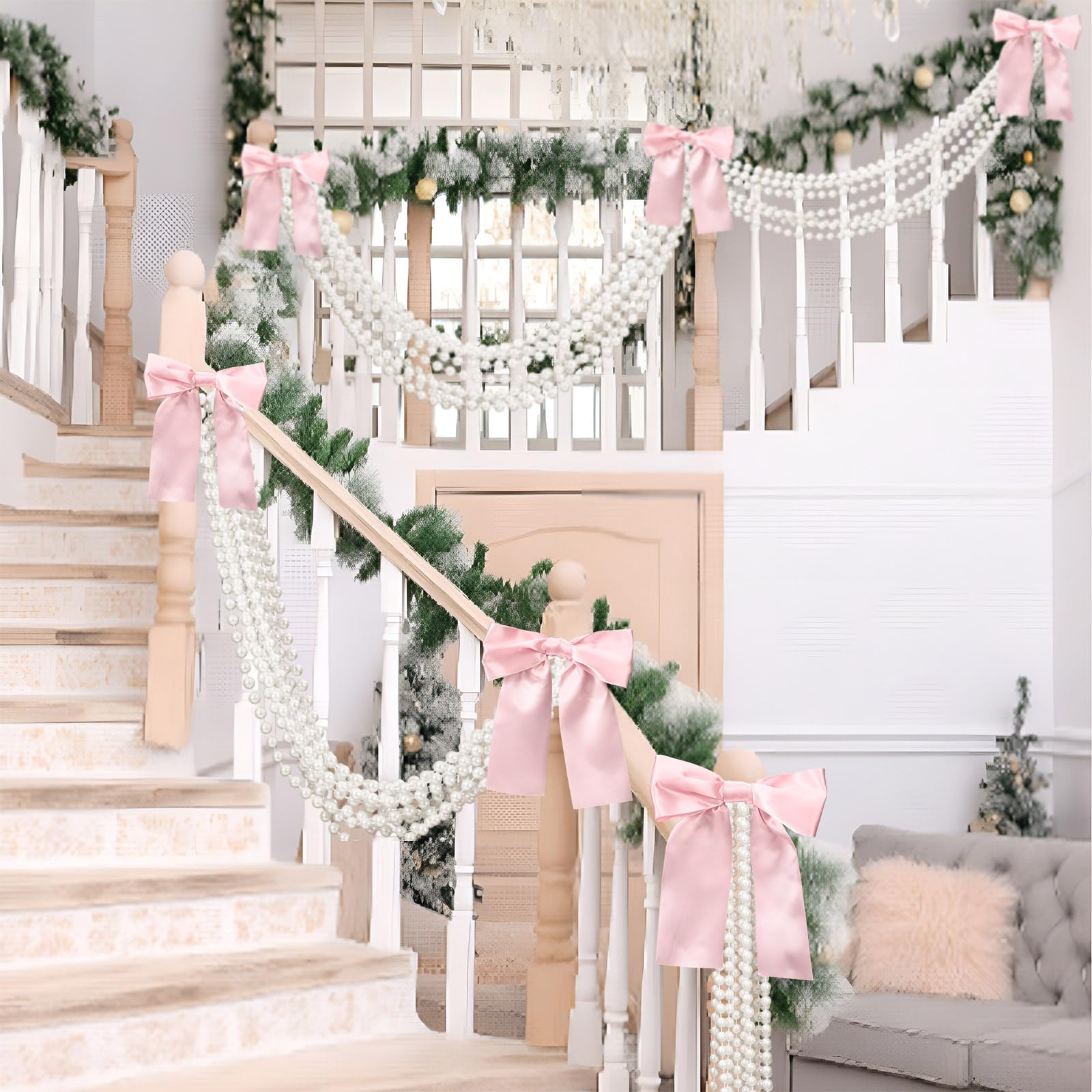 Photo 1 of Sumind 164 ft Christmas Bow Pearl Garland Staircase Decorations 10 Pcs Bows with Pearl Strings Christmas Tree Bead Garland Hanging Ornaments for Stairway Home Wedding Xmas Party Decor(Pink,Ribbon)