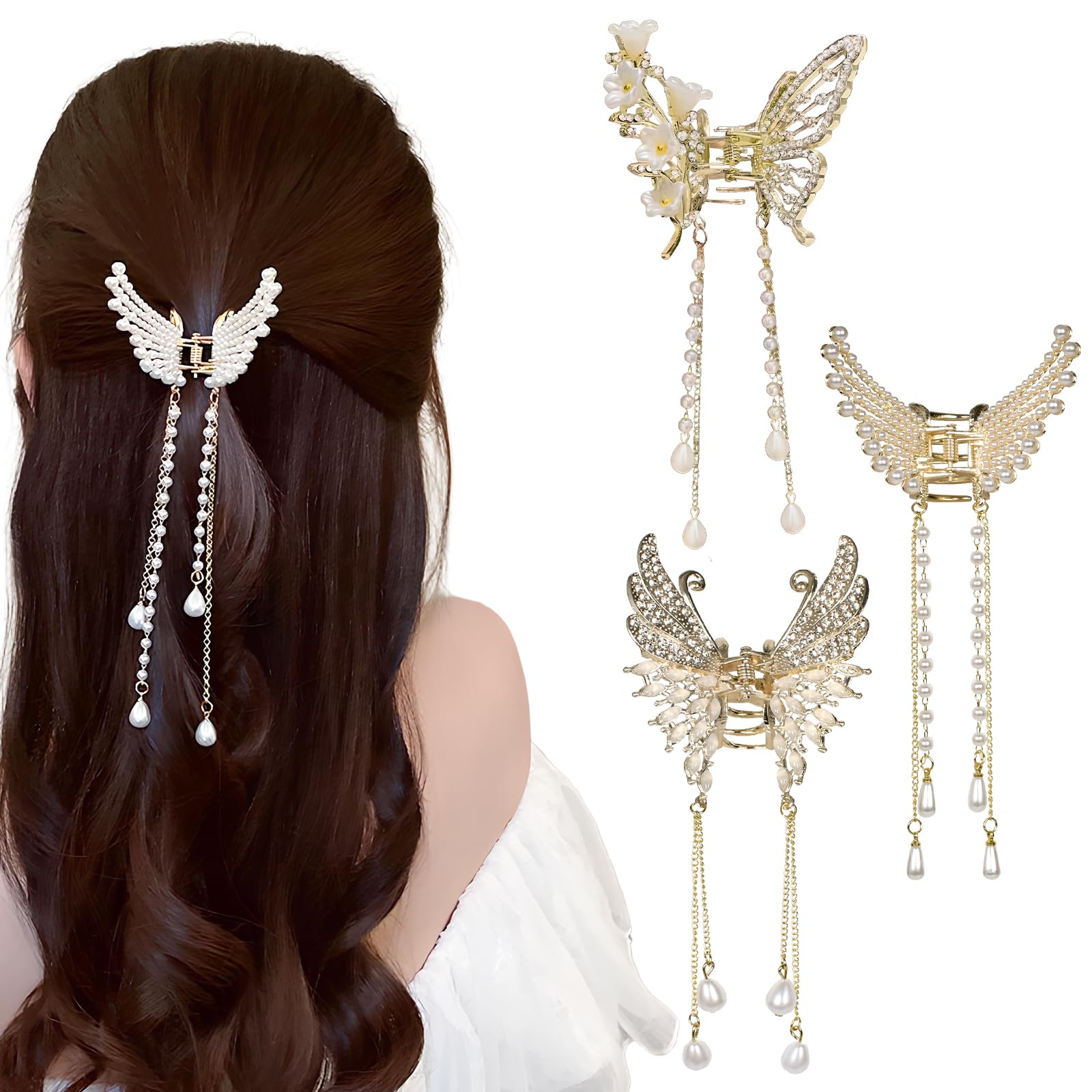 Pack of 3 Hair Clips, Butterfly Hair Clip, Small, Metal Hair Clips for Women, Women's Pearl Rhinestone Hair Clip, Fashionable Hair Accessories, Headwear, Styling Tools for Party, Wedding