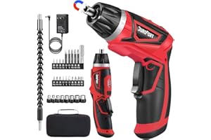 DuroFort Cordless Electric Screwdriver Set, 8V 10Nm Rechargeable Power Electric Drill, Battery Screw Gun with Driver Bit, 320RPM/10+1 Torque, 2 Position Handle, Flexible Shaft LED Light (Red, 28Pcs)