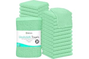 Oakias 100% Cotton Washcloths Green – 24 Pack – Facial and Spa Towels – 12 x 12 Inches Quick Drying Bulk Wash Cloths